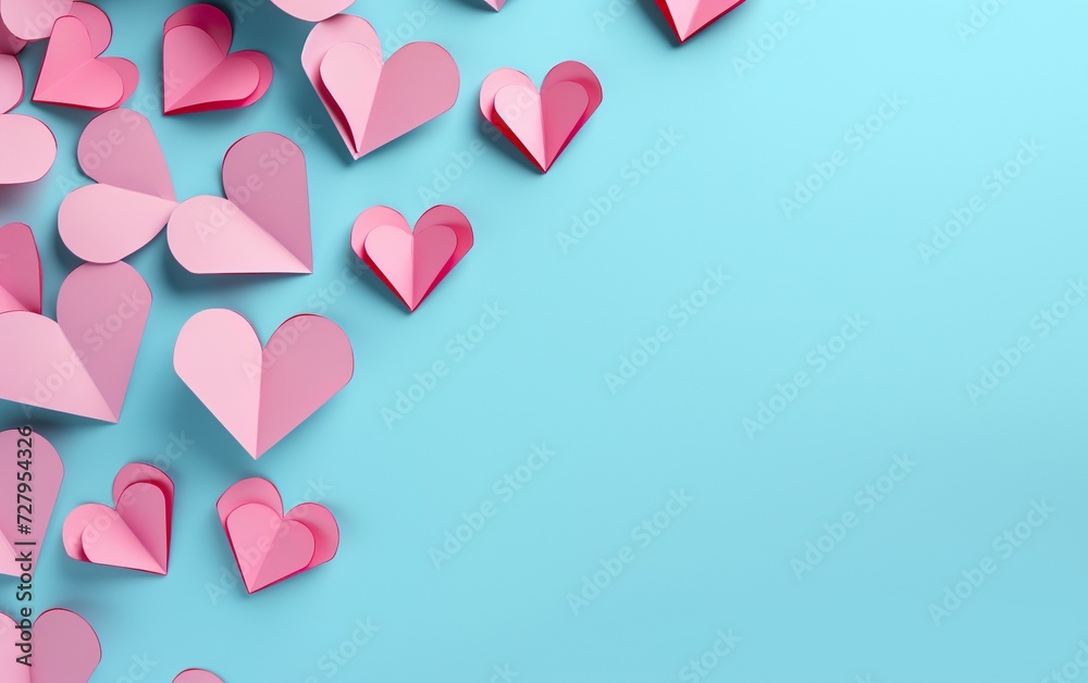 Pink paper hearts on blue background