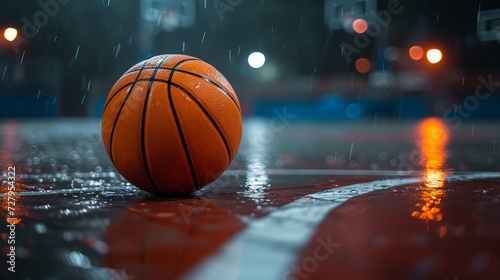 Wet basketball left on the court under a stormy sky signaling an interrupted game © sitimutliatul