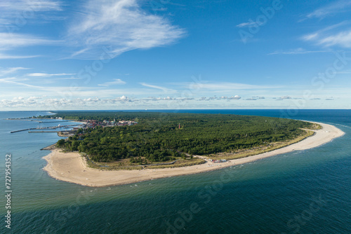 Hel city. Aerial view of Hel Peninsula in Poland, Baltic Sea and Puck Bay (Zatoka Pucka) Photo made by drone from above. End of poland hel peninsula. Hel beach in Poland photo