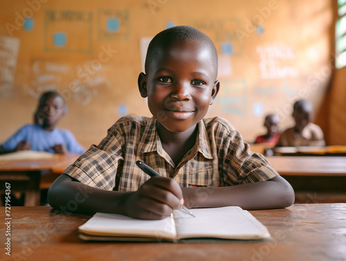 Africa boy kindergarten student sits and writes note in the classroom, Education in schools in the Africa zone, Classroom in kindergarten.