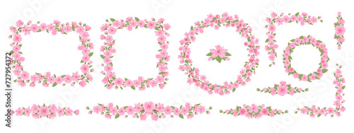 Sakura blossom frame borders. Cherry flowers decorative elements, japanese sakura blossoms frames and dividers flat vector illustration set. Spring floral frames collection