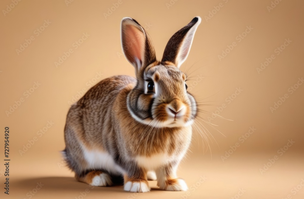 Easter banner. Brown and white rabbit sitting on a beige background Easter banner. Brown and white rabbit sitting on a beige background