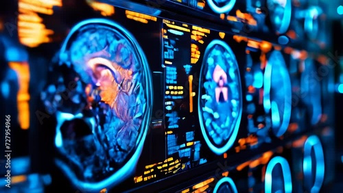 Advanced medical imaging technology in neon blue showcasing a series of brain MRI scans for neurological research and diagnostics in a clinical setting