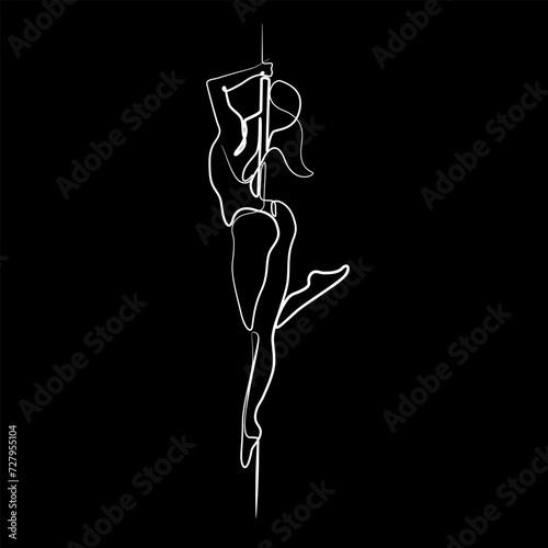 Pole dancer, dancing girl beautiful female abstract silhouette continuous line drawing, tattoo, print for clothes and logo design, silhouette on black background, isolated vector illustration.