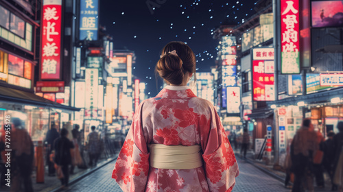 Asian woman wearing japanese traditional kimono at kyoto,night city in new year japan 