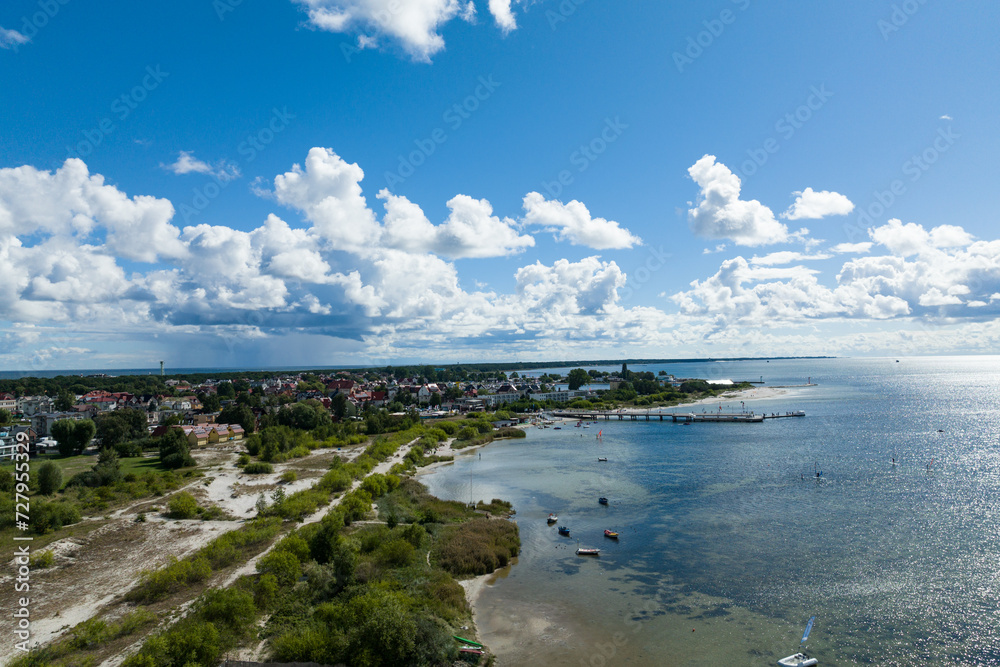 Jastarnia city in Poland. Aerial drone photo view of Baltic Sea coast in Hel peninsula, Jastarnia. Puck Bay in Poland Jastarnia city in Poland. Aerial drone photo view of Baltic Sea coast in Hel peninsula, Jastarnia. Puck Bay in Poland