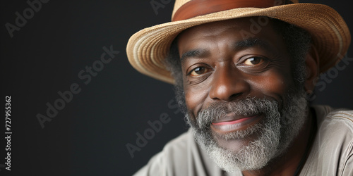 Elderly African American man with a warm smile, wearing a straw hat against a dark backdrop, exuding a serene vibe photo