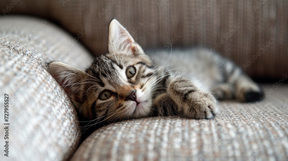 Cute kitten relaxed on a sofa. Pet owner and care concept.