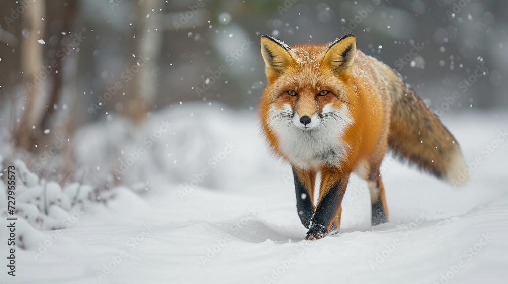 Fototapeta premium Red Fox walking in the snow