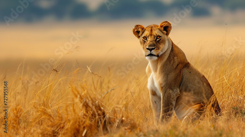 Lioness sitting in savannah. African wildlife and tourism concept.