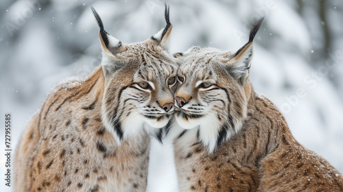 Portrait of Two lynxes together in winter