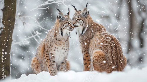 Portrait of Two lynxes together in winter photo