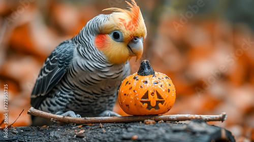 A cockatiel bird interacts with a small decorated Halloween pumpkin on a forest floor covered in autumn leaves.
 photo