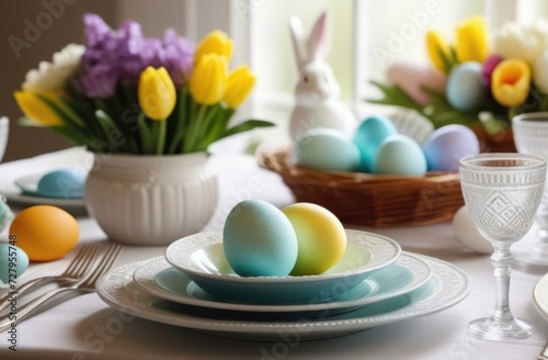 Set table for Easter with tulips, colorful eggs and a ceramic hare in a white kitchen, close-up