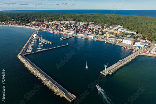 Port hel peniinsula in Poland.. Aerial view of Hel Peninsula in Poland, Baltic Sea and Puck Bay . Hel city .Photo made by drone from above. Hel seaport © Chawran
