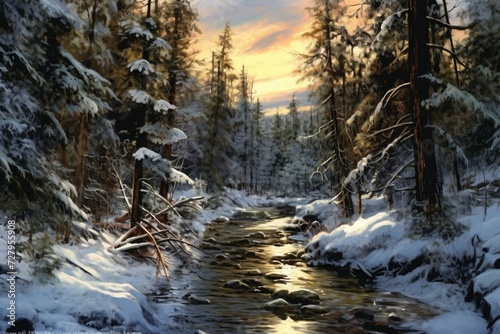 Paintings portraying winter landscapes. Generative AI © Randy