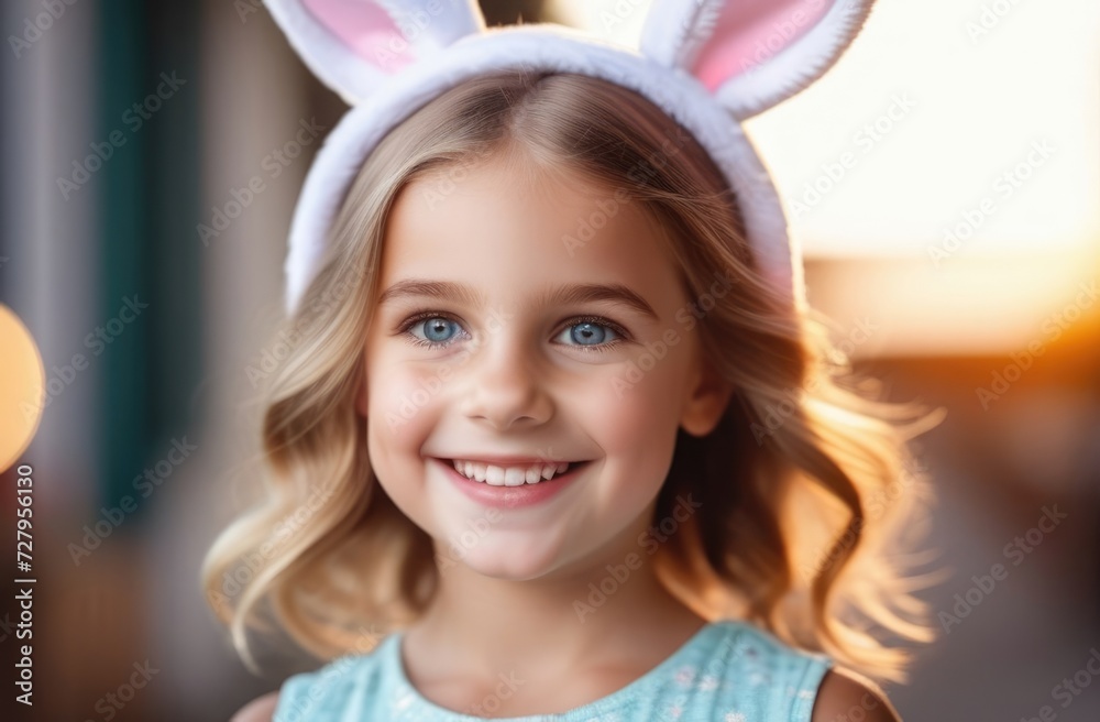 A little fair-haired girl with blue eyes and a headband in the form of bunny ears smiles happily A little fair-haired girl with blue eyes and a headband in the form of bunny ears smiles happily