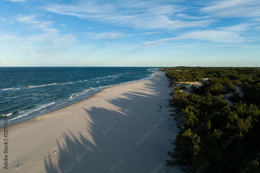 Aerial view of Hel Peninsula in Poland, Baltic Sea and Puck Bay . Wild beach in baltic sea. Beautiful wild beaches in Hel