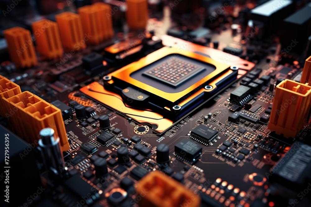 3D rendering quantum processor, quantum computer, Close-up of an electrical circuit board with a CPU, a microchip, and other electronic components. 3d technology Motherboard, futuristic background - obrazy, fototapety, plakaty 
