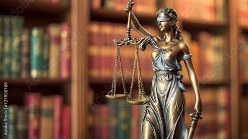 Symbol of justice stands with balanced scales in a library of legal knowledge and law.