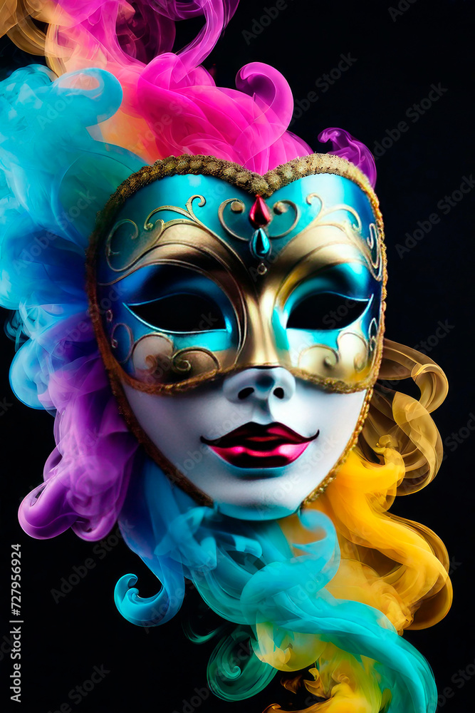 Venetian carnival mask in colored smoke as if by magic.