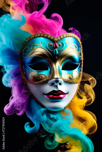 Venetian carnival mask in colored smoke as if by magic.