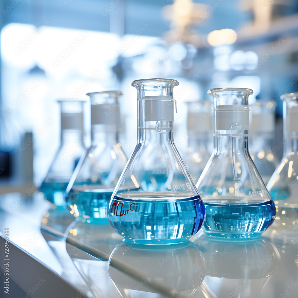 chemical process in a lab, with blue liquids in transparent glass vessels, in the style of bokeh chemical process in a lab, with blue liquids in transparent glass vessels, in the style of bokeh