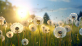 A Field of Dandelions With the Sun in the Background