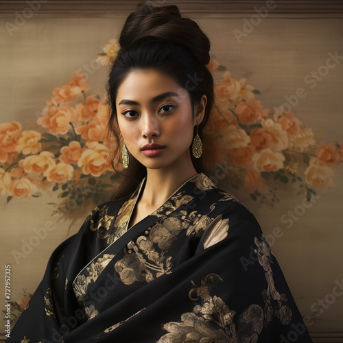 Asian Elegance: Portrait of a Beautiful Woman in a Perfectly Adorned Dress - Generative AI