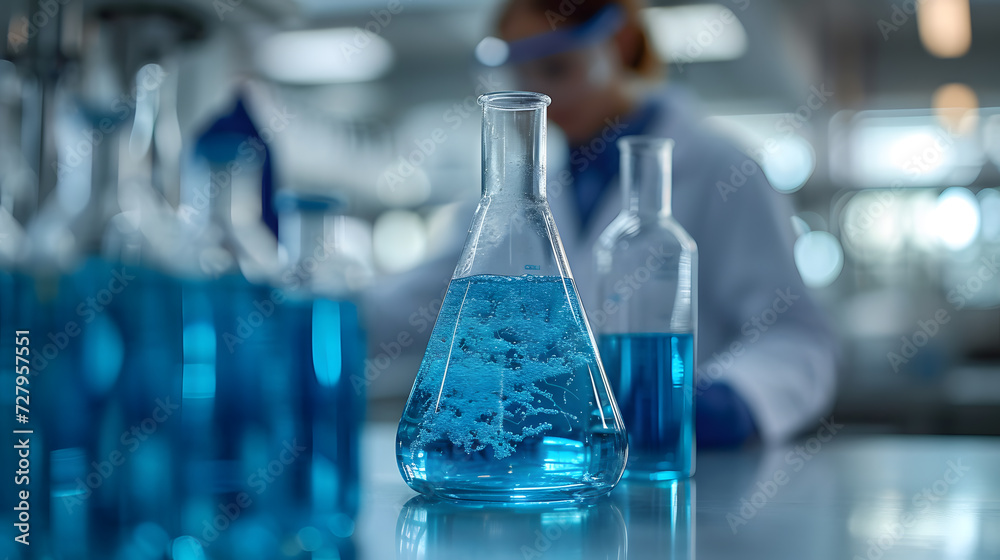 chemical process in a lab, with blue liquids in transparent glass vessels, in the style of bokeh chemical process in a lab, with blue liquids in transparent glass vessels, in the style of bokeh