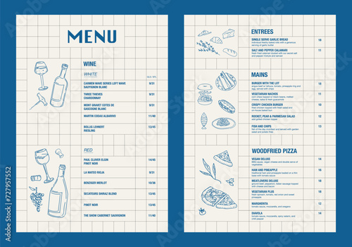 Restaurant menu design and label vector brochure template. Cafe menu with handrawing meal and food. Blue. Retro photo