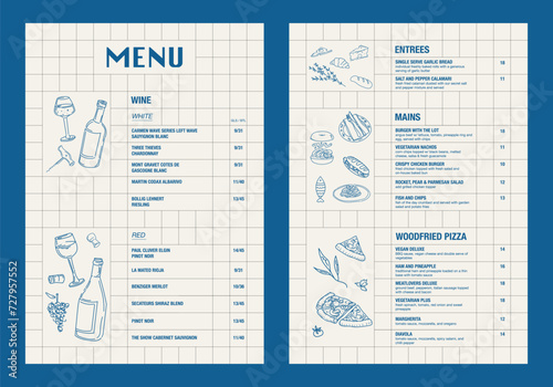 Restaurant menu design and label vector brochure template. Cafe menu with handrawing meal and food. Blue. Retro