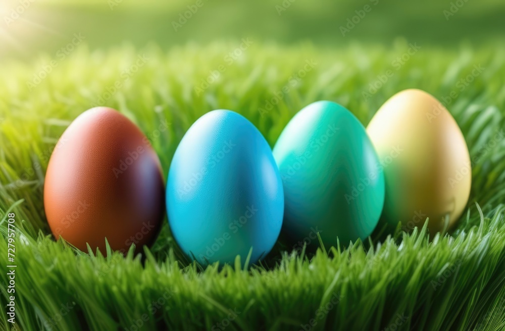 Multi-colored eggs stand in a row on fresh green grass in summer