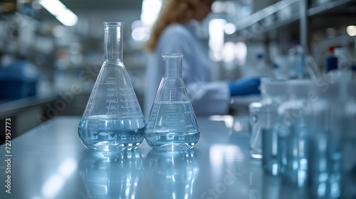 chemical process in a lab, with blue liquids in transparent glass vessels, in the style of bokeh photo
