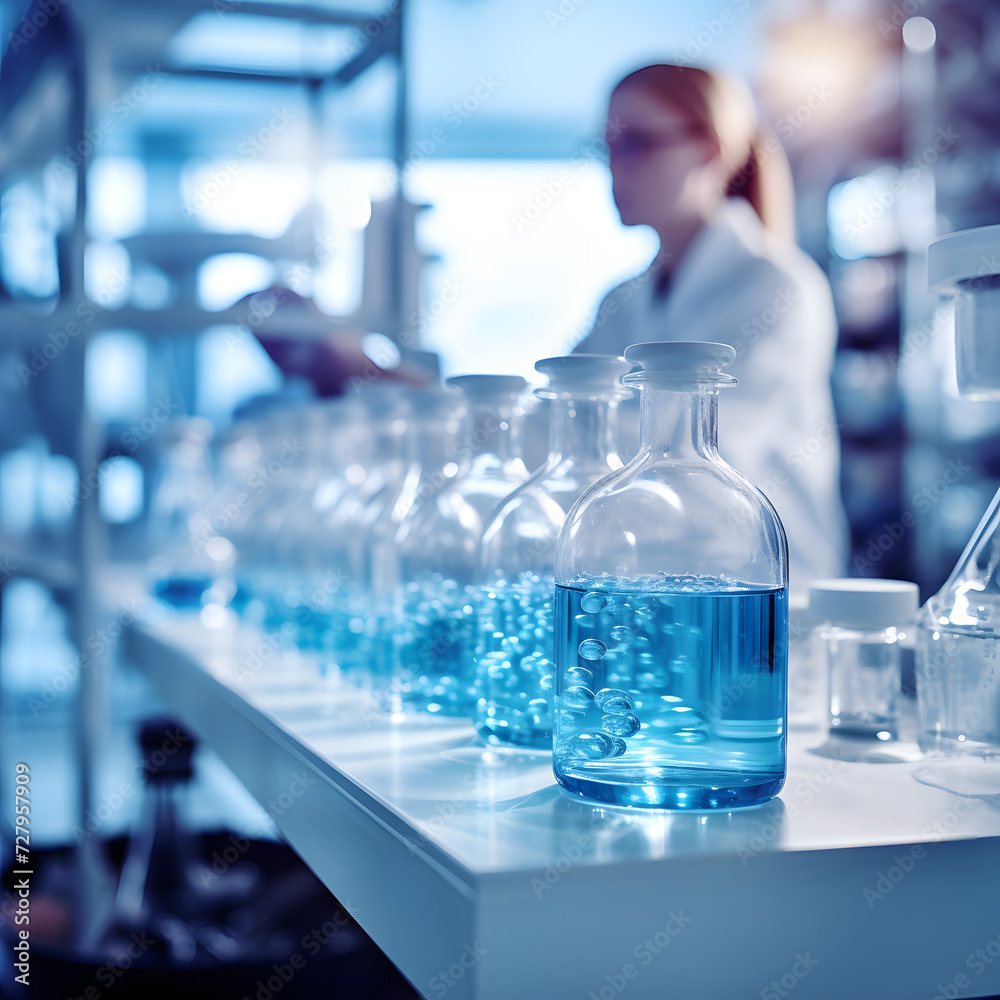scientist in laboratory using test tubes, in the style of light teal and light navy