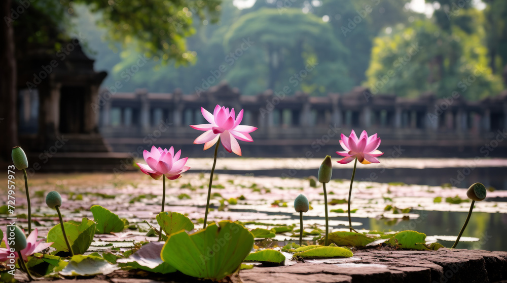 Three Pink Lotuses in a Pond Surrounded by Greenery Three Pink Lotuses in a Pond Surrounded by Greenery