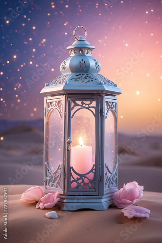 Beautiful arabic lantern in the desert for ramadan and eid mubarak islamic event background