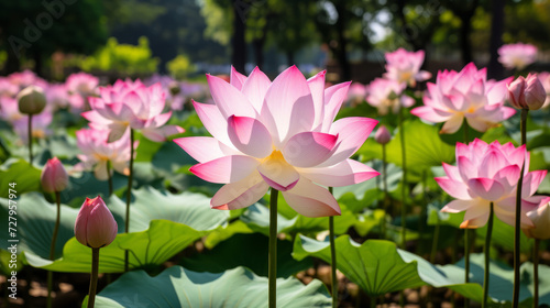 A Large Group of Pink Lotuses in a Pond