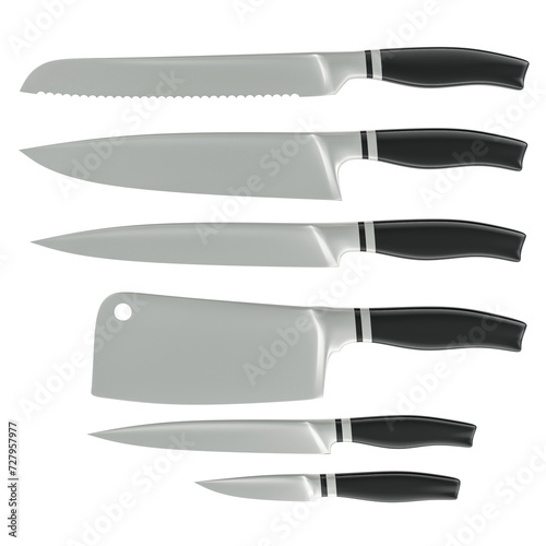 Set of kitchen knives, 3D rendering isolated on transparent background photo