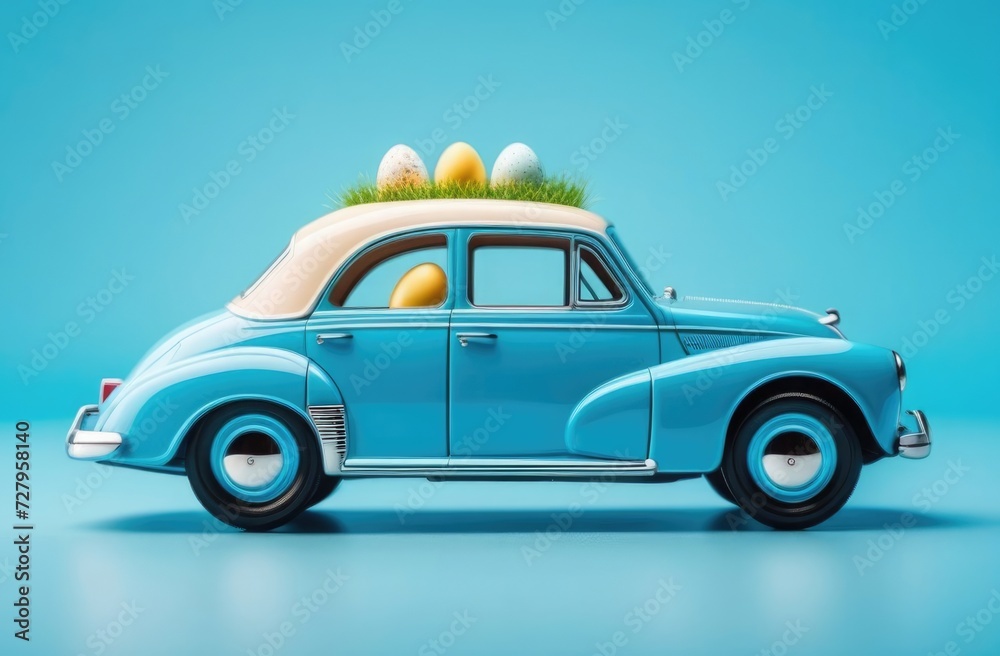 A blue retro car stands sideways on a blue background with a bed of multi-colored eggs. Easter card