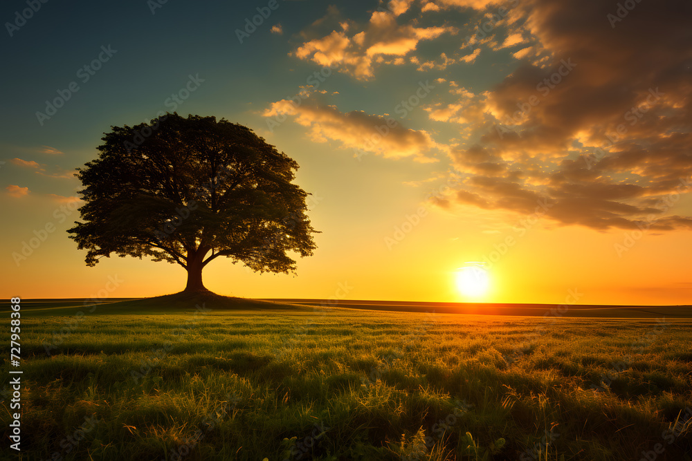 Tree alone on meadow in summer evening