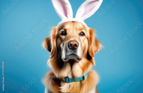 Serious Labrador dog with a hoop in the form of bunny ears on his head on a blue background