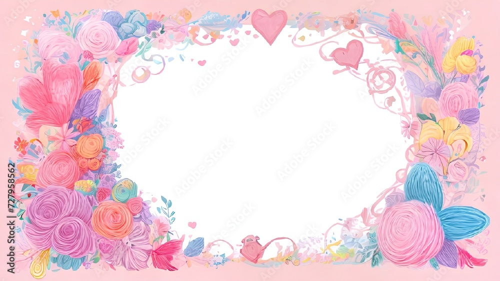 Festive composition on pink background with flowers, hearts, birthday, Valentine's Day, space for text in the center