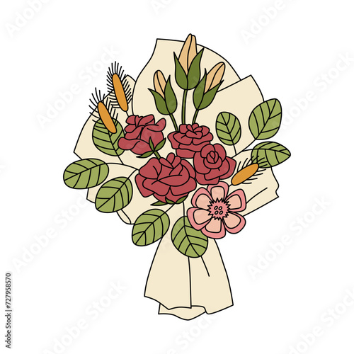 Flower bouquet illustration in cartoon style. Isolated on white