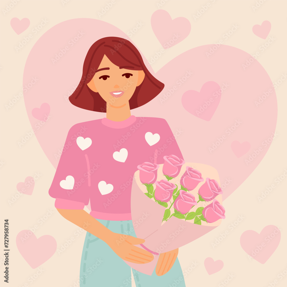 Valentine's day card with beautiful woman holding a bouquet of flowers. Romantic illustration of people dating and in love Valentine's day card with beautiful woman holding a bouquet of flowers. Romantic illustration of people dating and in love