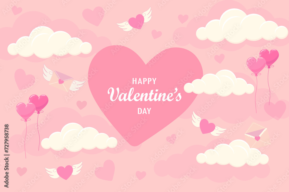 Valentine's day background with flying hearts, balloons and clouds. Pink vector illustration of love. Cartoon element for holiday patterns, packaging, designs
