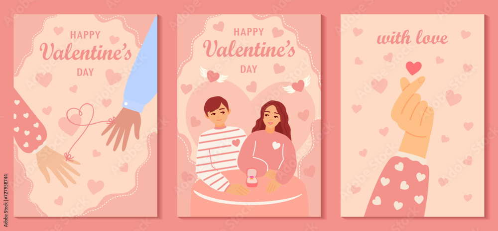 Set of Valentine's day greeting cards with heats, beautiful couple of young woman and man embracing, red thread of fate. Cartoon illustration of people dating and in love