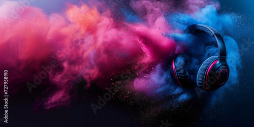 Headphones with music playing in an explosion of colored powder symbolizing the melody. Abstract music banner concept with copy space
