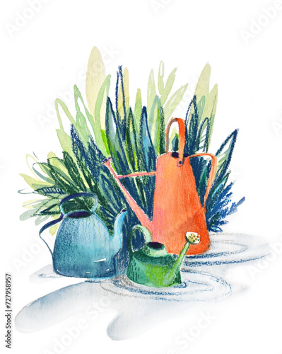 naive whatercolor illustration three multi-colored garden watering cans on a background of greenery photo