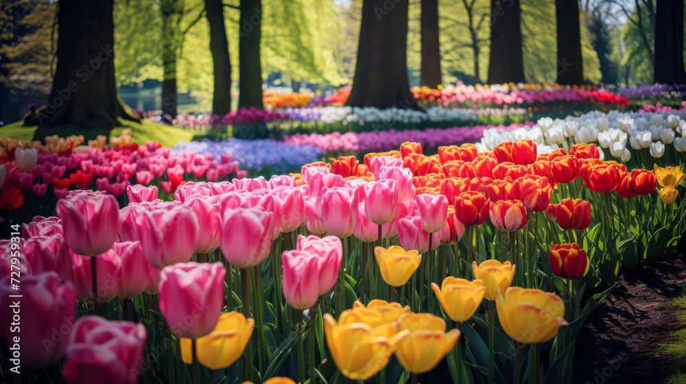 A Field of Colorful Tulips in a Park